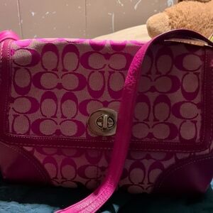 Coach Pink and Tan Signature Shoulder Bag